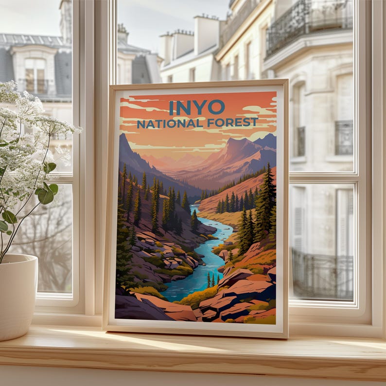 Inyo National Forest Travel Print, California Poster, Forest Wall Art, Mountain Illustration, Inyo Poster, Home Decor, Birthday Gift
