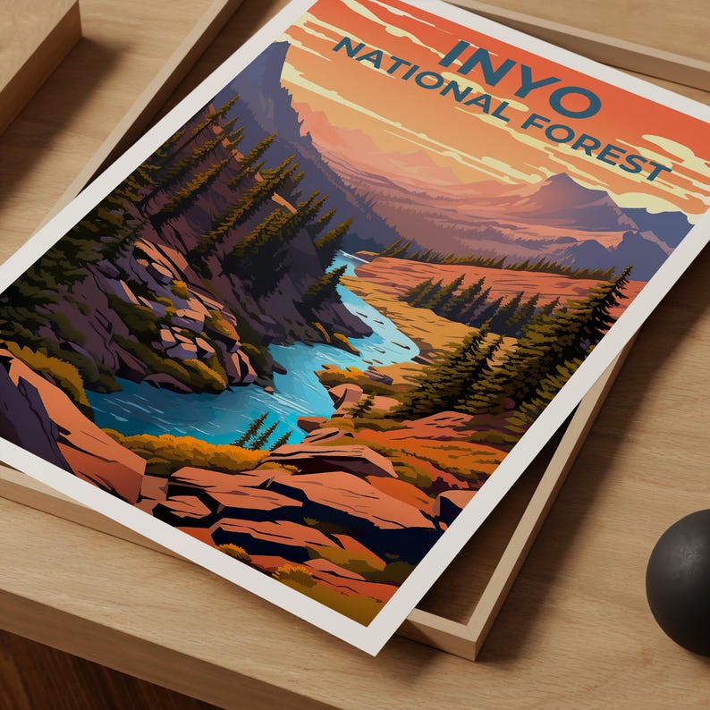 Inyo National Forest Travel Print, California Poster, Forest Wall Art, Mountain Illustration, Inyo Poster, Home Decor, Birthday Gift