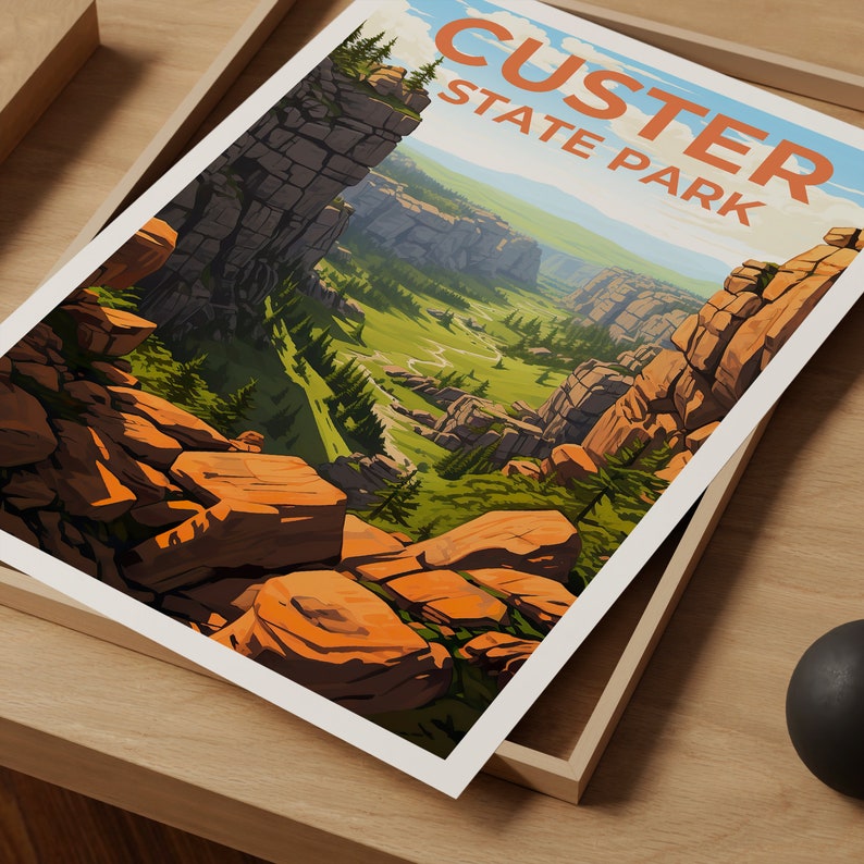 Affiche de voyage du parc d'État de Custer, art mural du Dakota du Sud, impression du Dakota du Sud, affiche du parc d'État de Custer, impression du parc d'État de Custer