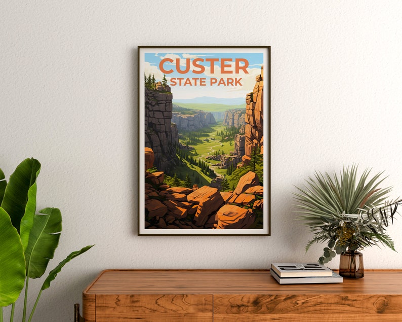 Affiche de voyage du parc d'État de Custer, art mural du Dakota du Sud, impression du Dakota du Sud, affiche du parc d'État de Custer, impression du parc d'État de Custer