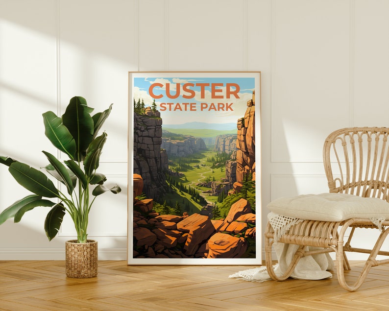 Affiche de voyage du parc d'État de Custer, art mural du Dakota du Sud, impression du Dakota du Sud, affiche du parc d'État de Custer, impression du parc d'État de Custer
