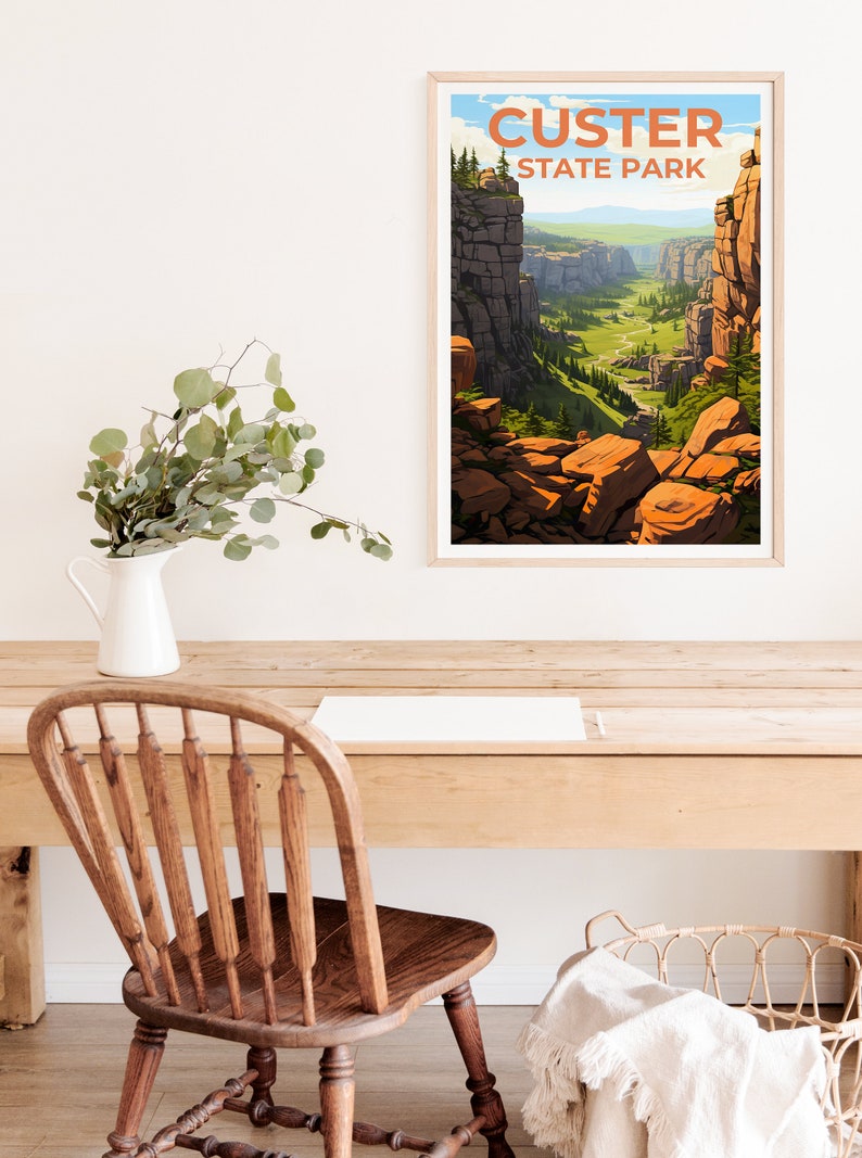 Affiche de voyage du parc d'État de Custer, art mural du Dakota du Sud, impression du Dakota du Sud, affiche du parc d'État de Custer, impression du parc d'État de Custer