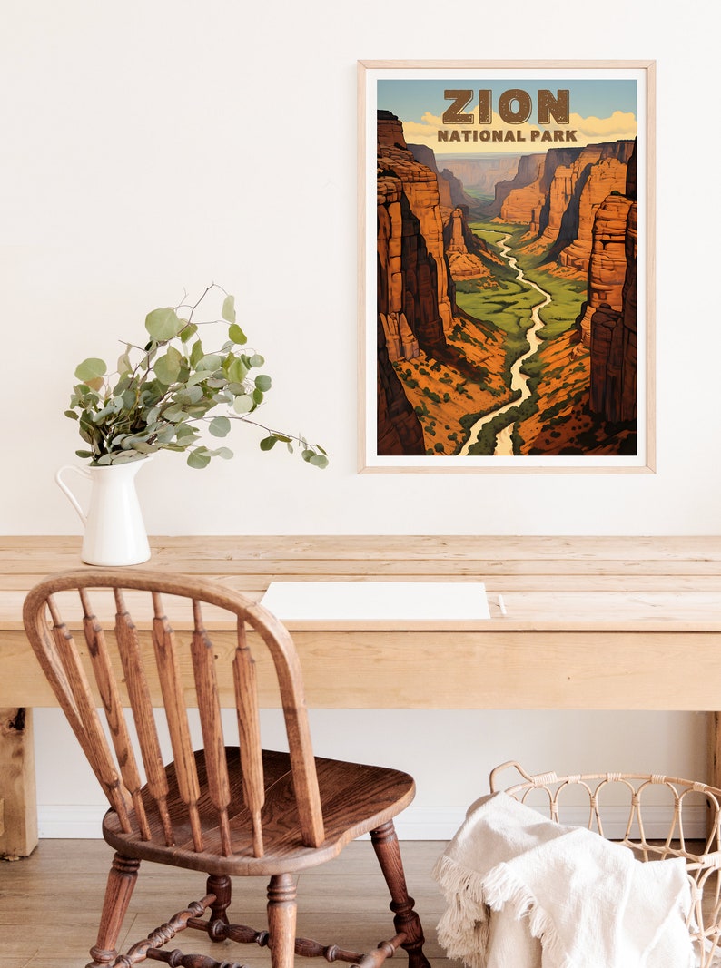 Affiche de voyage de Zion, art mural de l'Utah, impression de l'Utah, affiche du parc national de Zion, affiche de l'Utah, affiche de la nature, art de Zion
