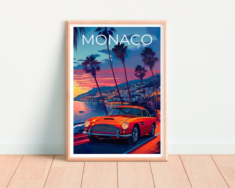 Affiche de Monaco, Impression de Monaco, Affiche de voiture classique, Impression de voiture classique, Affiche de voyage de Monaco, Affiche de Monte-Carlo, Art de Monaco
