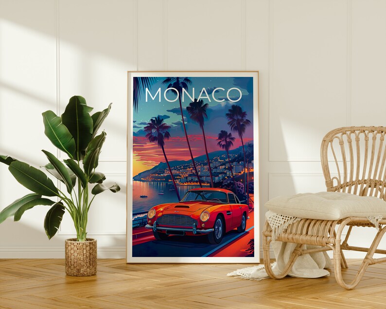 Affiche de Monaco, Impression de Monaco, Affiche de voiture classique, Impression de voiture classique, Affiche de voyage de Monaco, Affiche de Monte-Carlo, Art de Monaco