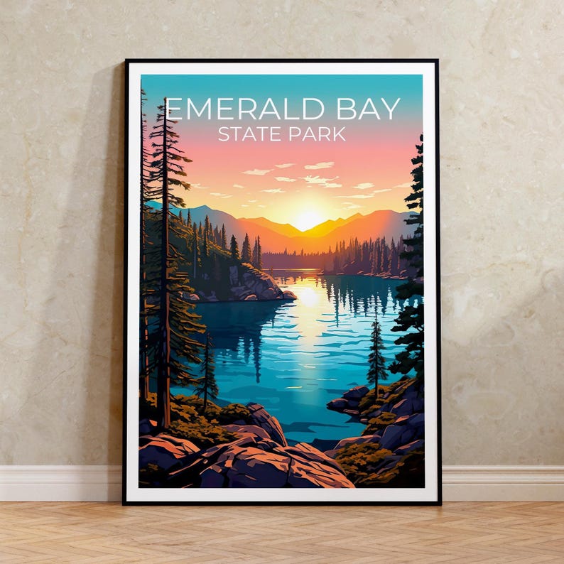 Emerald Bay State Park Travel Print California Poster Forest Wall Art Bay Illustration Emerald Bay Poster Home Decor Birthday Gift