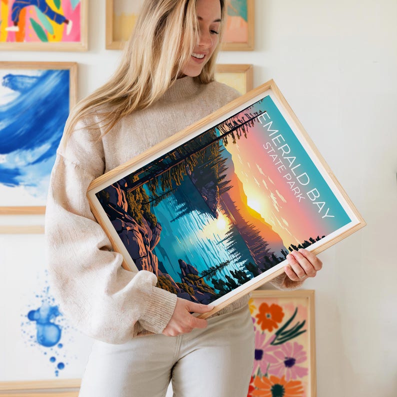 Emerald Bay State Park Travel Print California Poster Forest Wall Art Bay Illustration Emerald Bay Poster Home Decor Birthday Gift