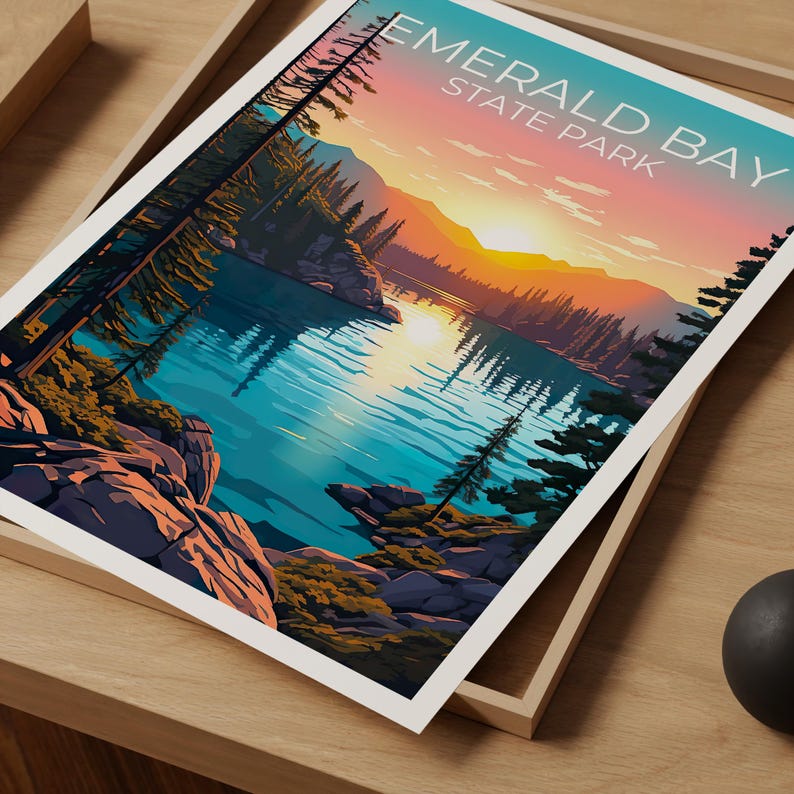 Emerald Bay State Park Travel Print California Poster Forest Wall Art Bay Illustration Emerald Bay Poster Home Decor Birthday Gift