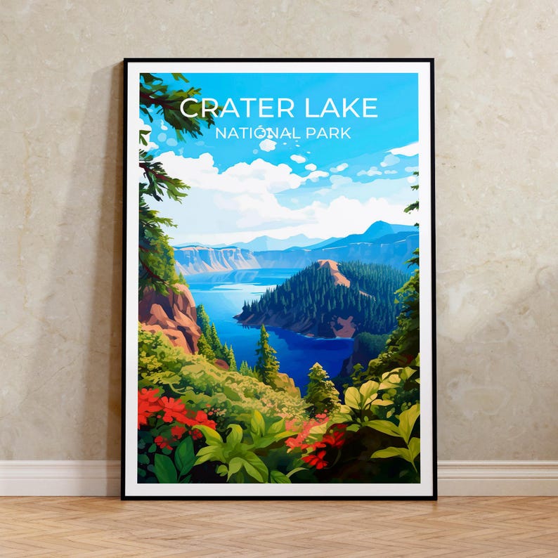 Affiche de voyage sur le lac Crater, art mural sur le lac Crater, impression sur le lac Crater, affiche sur le lac Crater, art de l'Oregon, affiche sur le lac, affiche sur la nature, décoration murale