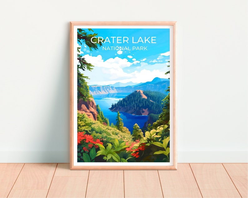 Affiche de voyage sur le lac Crater, art mural sur le lac Crater, impression sur le lac Crater, affiche sur le lac Crater, art de l'Oregon, affiche sur le lac, affiche sur la nature, décoration murale