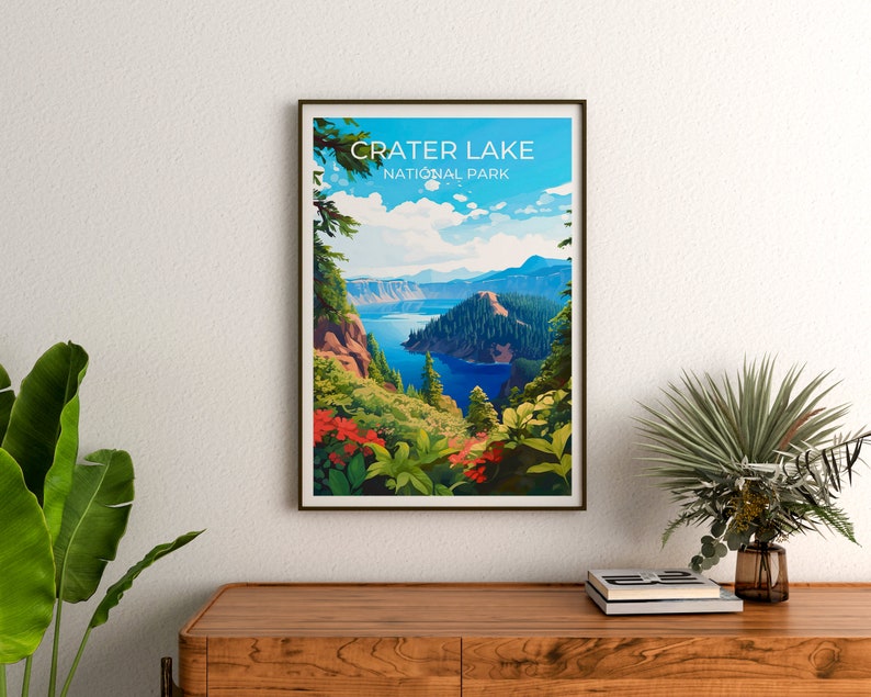 Affiche de voyage sur le lac Crater, art mural sur le lac Crater, impression sur le lac Crater, affiche sur le lac Crater, art de l'Oregon, affiche sur le lac, affiche sur la nature, décoration murale