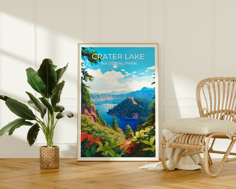 Affiche de voyage sur le lac Crater, art mural sur le lac Crater, impression sur le lac Crater, affiche sur le lac Crater, art de l'Oregon, affiche sur le lac, affiche sur la nature, décoration murale