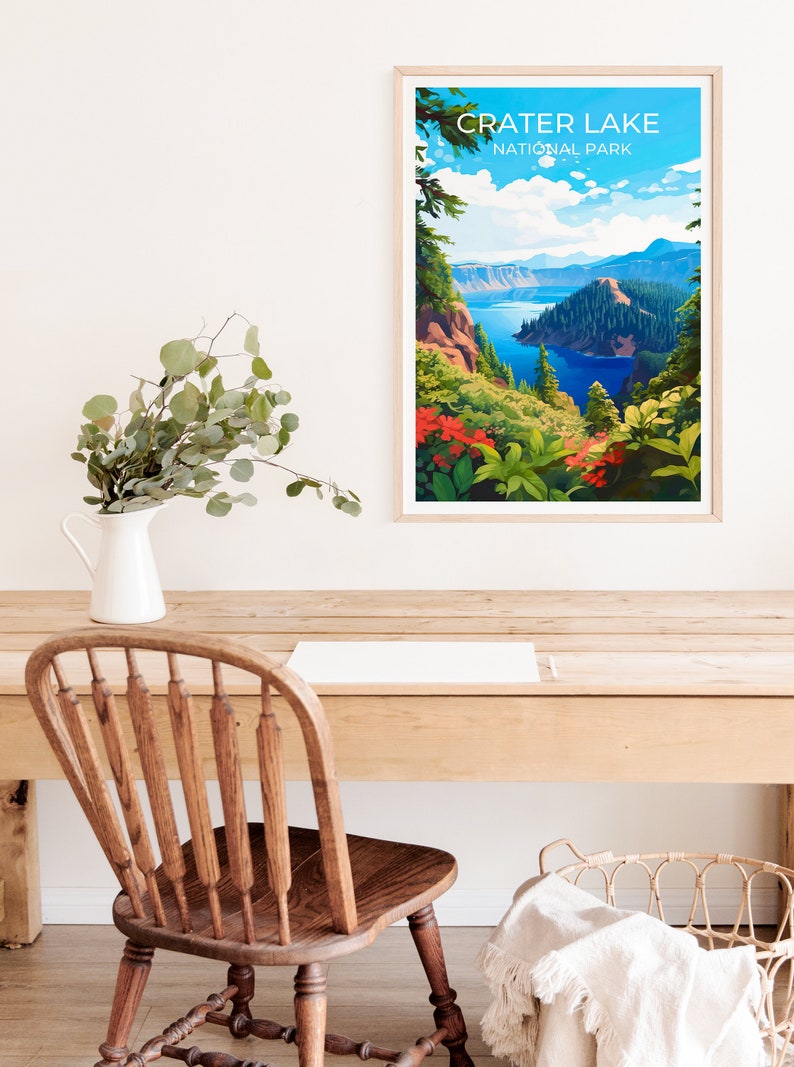 Affiche de voyage sur le lac Crater, art mural sur le lac Crater, impression sur le lac Crater, affiche sur le lac Crater, art de l'Oregon, affiche sur le lac, affiche sur la nature, décoration murale
