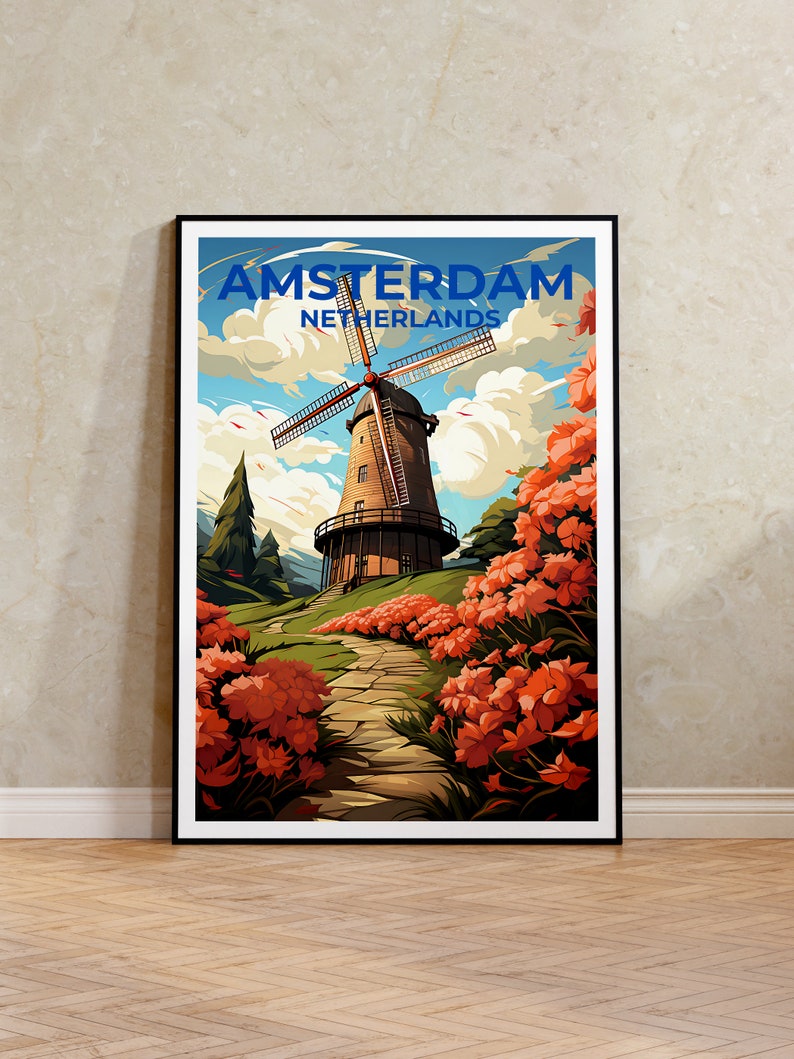 Amsterdam Travel Poster, Netherlands Wall Art, Netherlands Print, Amsterdam Poster, Netherlands Poster, Windmill Poster, Amsterdam Art