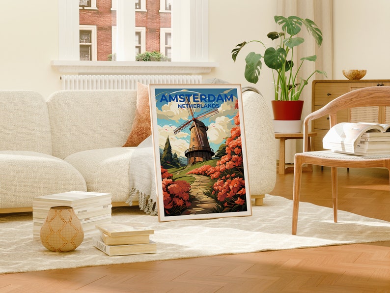 Amsterdam Travel Poster, Netherlands Wall Art, Netherlands Print, Amsterdam Poster, Netherlands Poster, Windmill Poster, Amsterdam Art