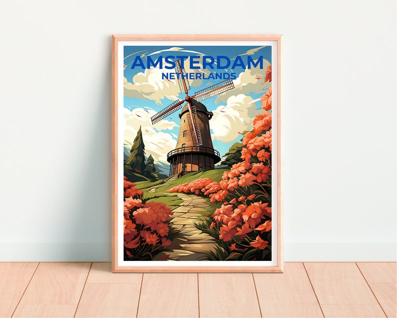 Amsterdam Travel Poster, Netherlands Wall Art, Netherlands Print, Amsterdam Poster, Netherlands Poster, Windmill Poster, Amsterdam Art