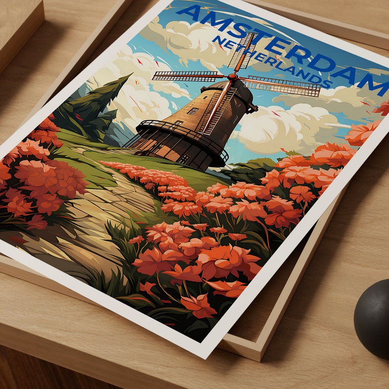 Amsterdam Travel Poster, Netherlands Wall Art, Netherlands Print, Amsterdam Poster, Netherlands Poster, Windmill Poster, Amsterdam Art