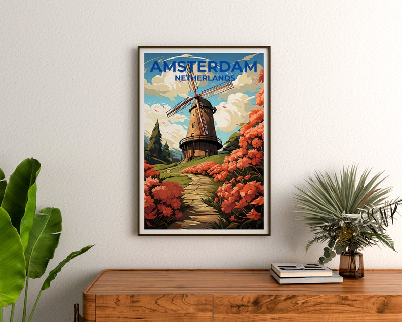 Amsterdam Travel Poster, Netherlands Wall Art, Netherlands Print, Amsterdam Poster, Netherlands Poster, Windmill Poster, Amsterdam Art