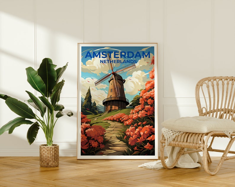 Amsterdam Travel Poster, Netherlands Wall Art, Netherlands Print, Amsterdam Poster, Netherlands Poster, Windmill Poster, Amsterdam Art
