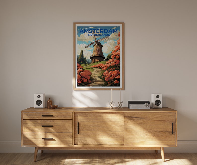 Amsterdam Travel Poster, Netherlands Wall Art, Netherlands Print, Amsterdam Poster, Netherlands Poster, Windmill Poster, Amsterdam Art