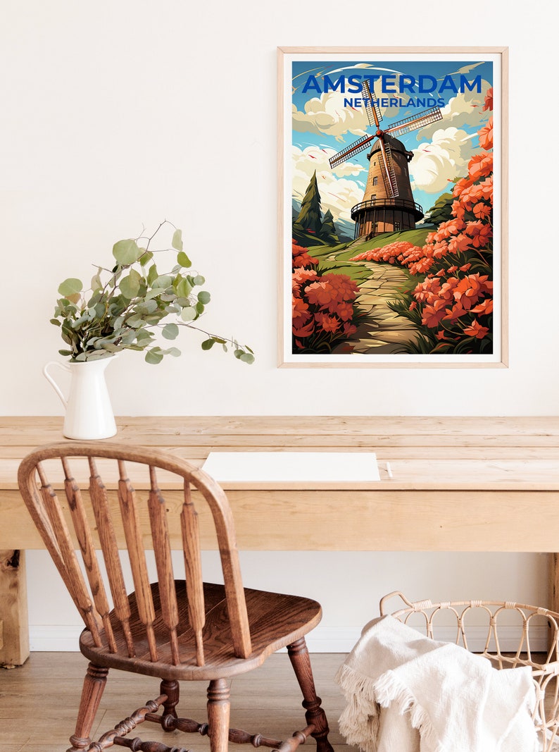 Amsterdam Travel Poster, Netherlands Wall Art, Netherlands Print, Amsterdam Poster, Netherlands Poster, Windmill Poster, Amsterdam Art