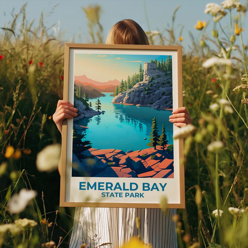 California Travel Print Emerald Bay State Park Poster Mountain Wall Art Forest Illustration California Poster Home Decor Birthday Gift