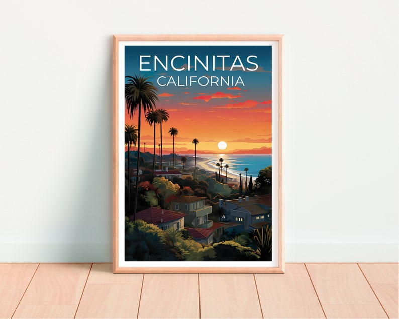 Affiche de voyage d'Encinitas, art mural de Californie, impression de Californie, affiche d'Encinitas, affiche de Californie, affiche de ville, art d'Encinitas