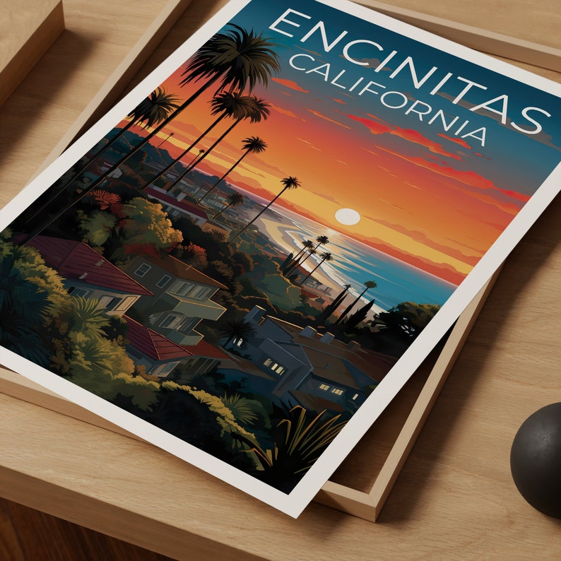 Affiche de voyage d'Encinitas, art mural de Californie, impression de Californie, affiche d'Encinitas, affiche de Californie, affiche de ville, art d'Encinitas