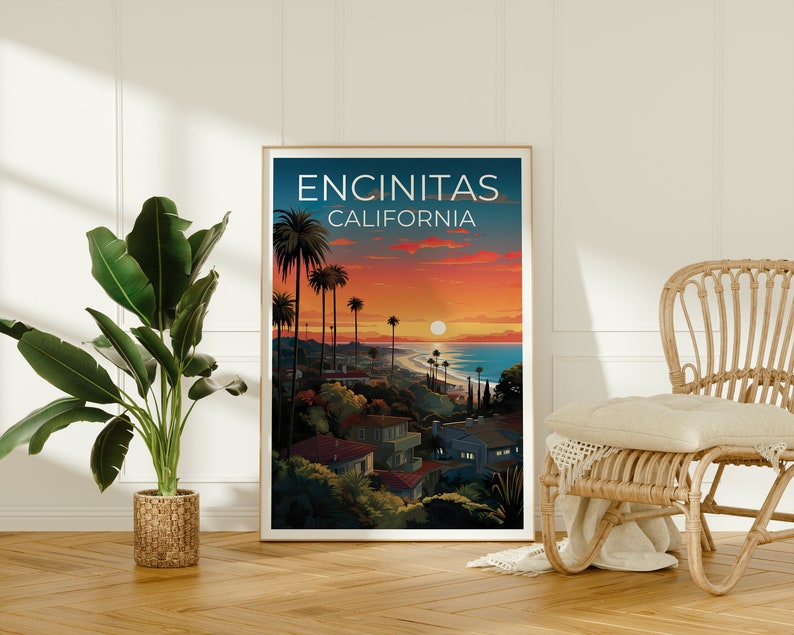 Affiche de voyage d'Encinitas, art mural de Californie, impression de Californie, affiche d'Encinitas, affiche de Californie, affiche de ville, art d'Encinitas