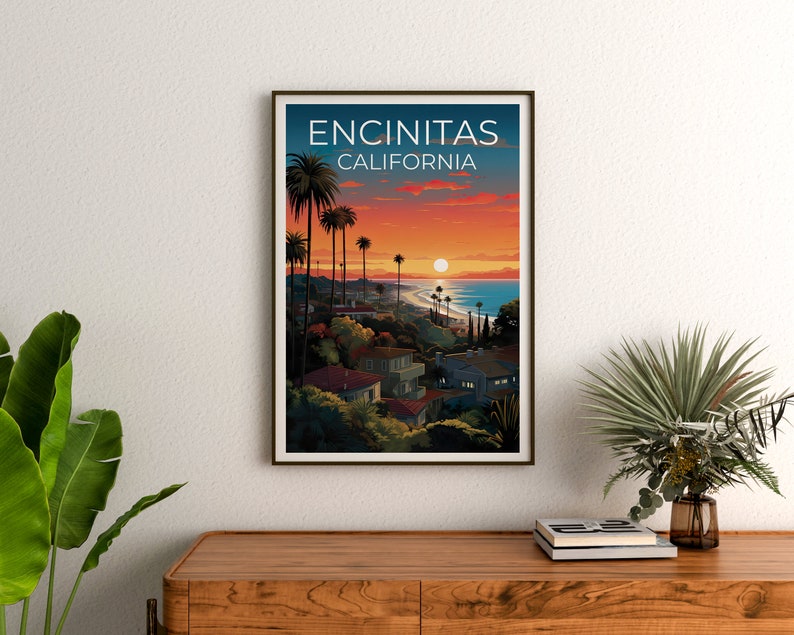 Affiche de voyage d'Encinitas, art mural de Californie, impression de Californie, affiche d'Encinitas, affiche de Californie, affiche de ville, art d'Encinitas