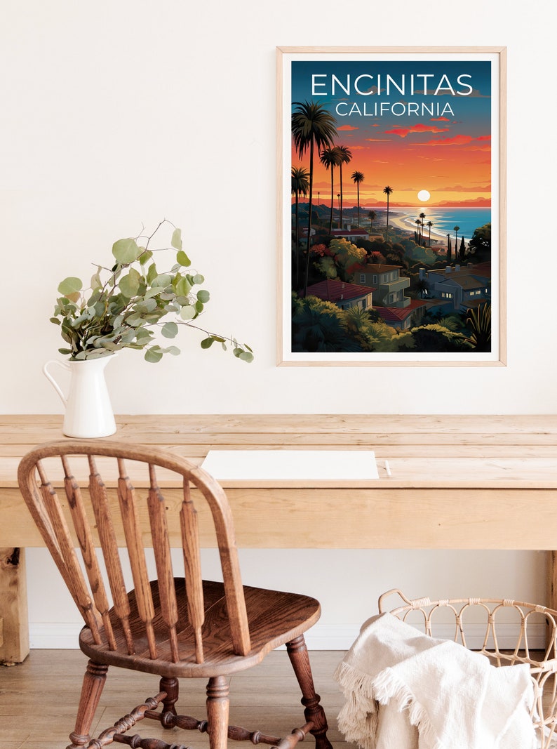 Affiche de voyage d'Encinitas, art mural de Californie, impression de Californie, affiche d'Encinitas, affiche de Californie, affiche de ville, art d'Encinitas