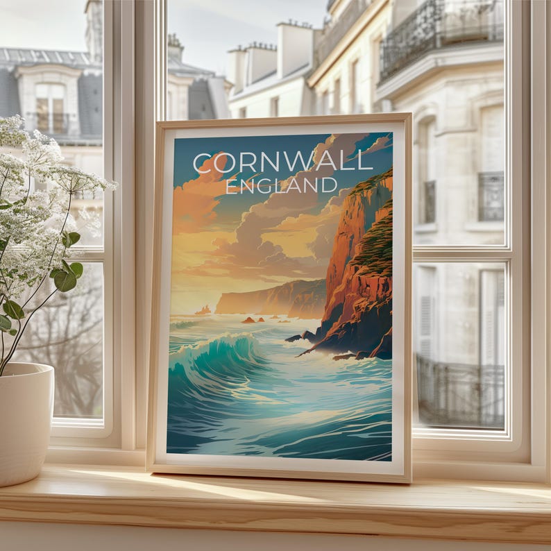 Cornwall Travel Print England Poster Cornwall Cliffs Wall Art United Kingdom Illustration Cornwall Poster Home Decor Birthday Gift