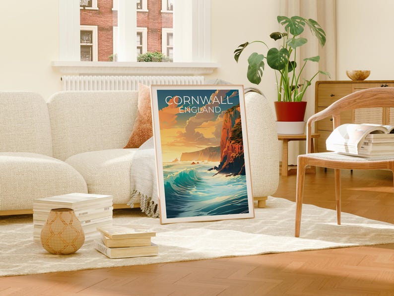 Cornwall Travel Print England Poster Cornwall Cliffs Wall Art United Kingdom Illustration Cornwall Poster Home Decor Birthday Gift