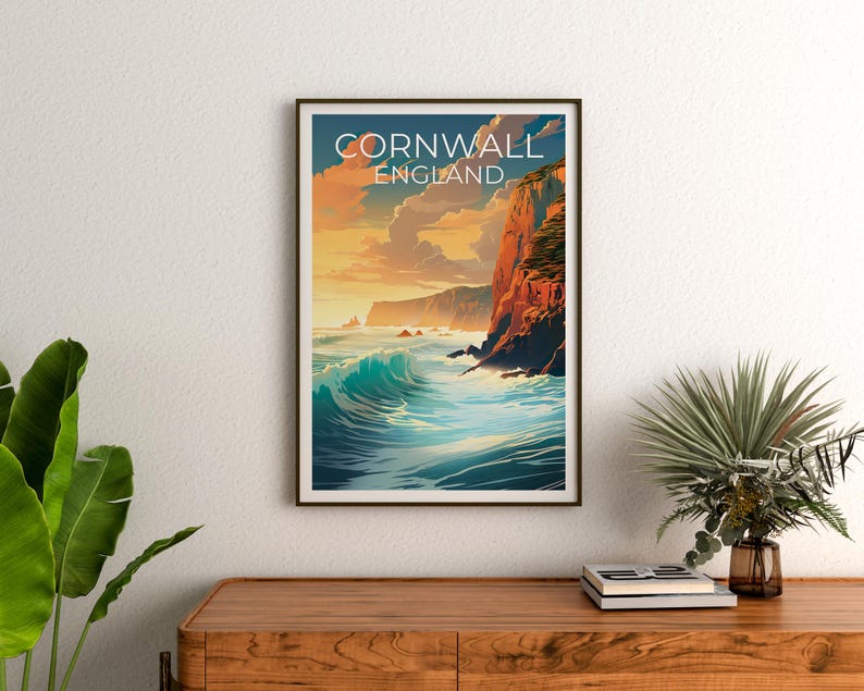 Cornwall Travel Print England Poster Cornwall Cliffs Wall Art United Kingdom Illustration Cornwall Poster Home Decor Birthday Gift