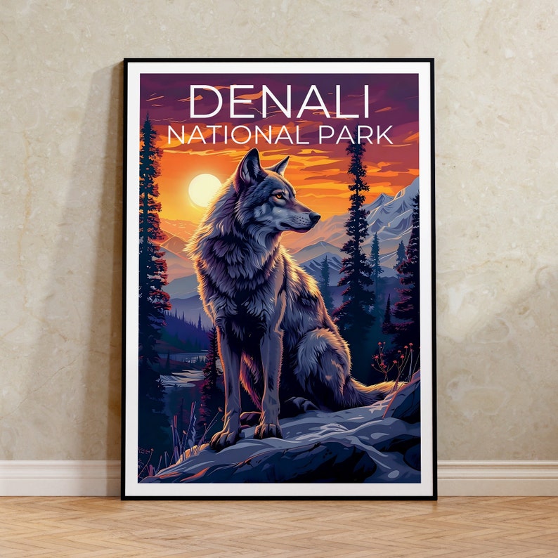 Denali National Park Poster, Denali Print, Alaska Poster, Alaska Print, Denali Travel Poster, Wolf Poster, Denali Art