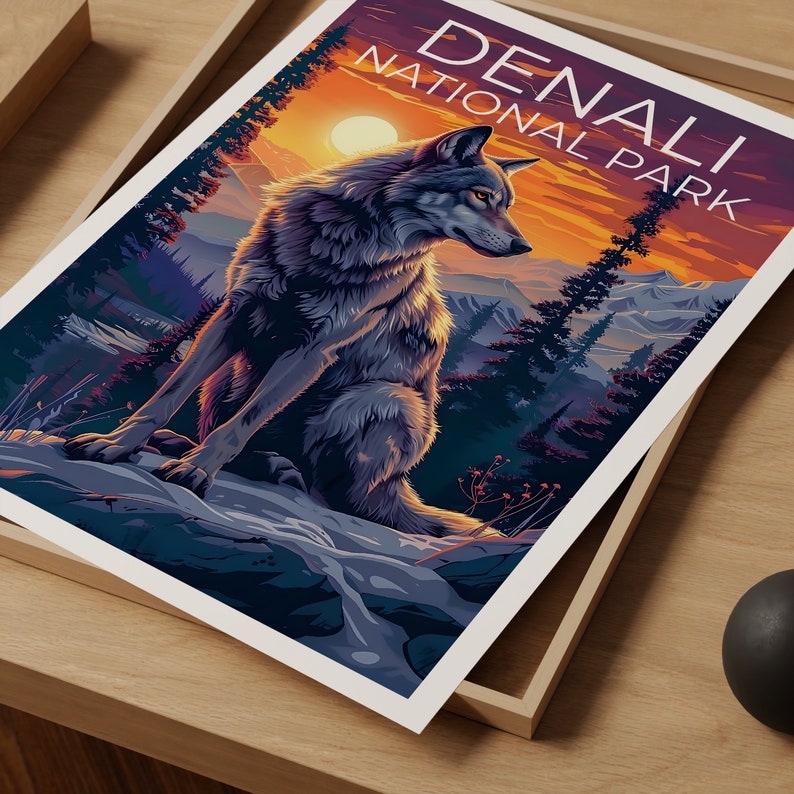 Denali Nationalpark Poster, Denali Druck, Alaska Poster, Alaska Druck, Denali Reise Poster, Wolf Poster, Denali Kunst
