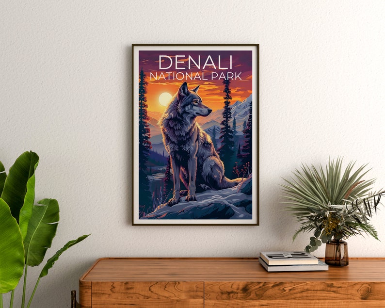 Denali Nationalpark Poster, Denali Druck, Alaska Poster, Alaska Druck, Denali Reise Poster, Wolf Poster, Denali Kunst