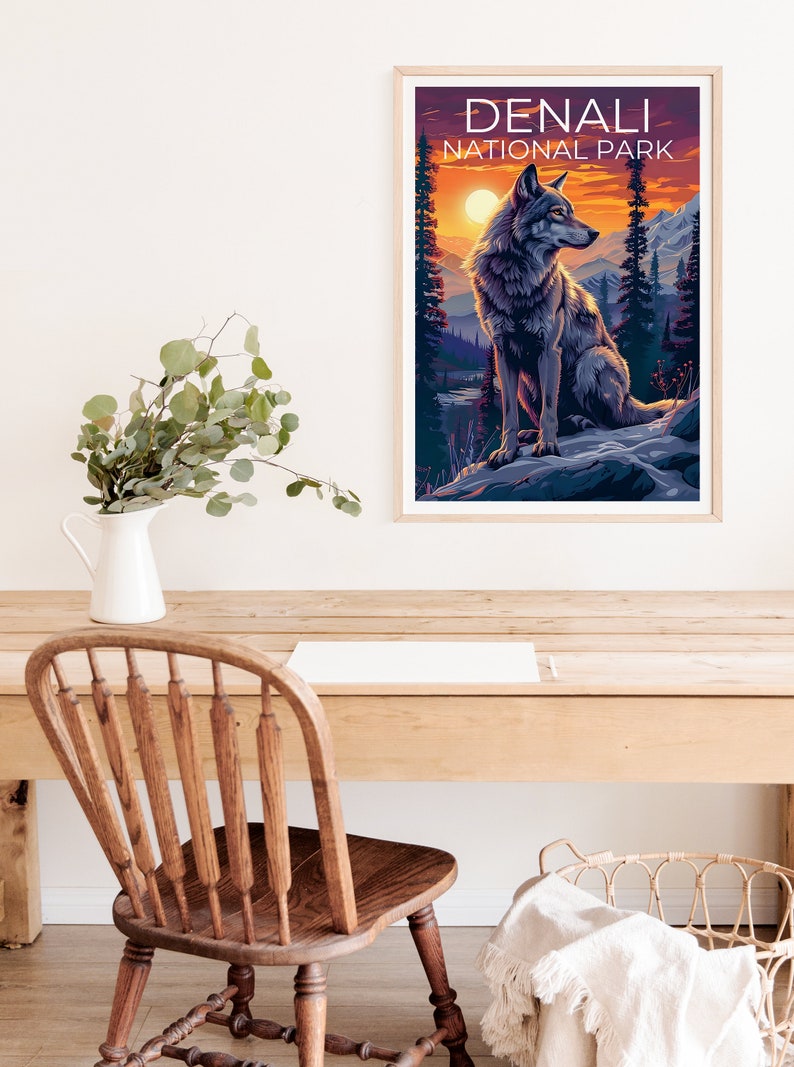 Denali Nationalpark Poster, Denali Druck, Alaska Poster, Alaska Druck, Denali Reise Poster, Wolf Poster, Denali Kunst