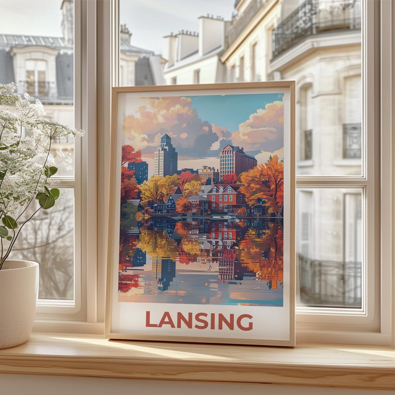 Lansing Travel Poster, Michigan Print, Riverfront Wall Art, Michigan Illustration, Lansing City Poster, Home Decor, Birthday Gift