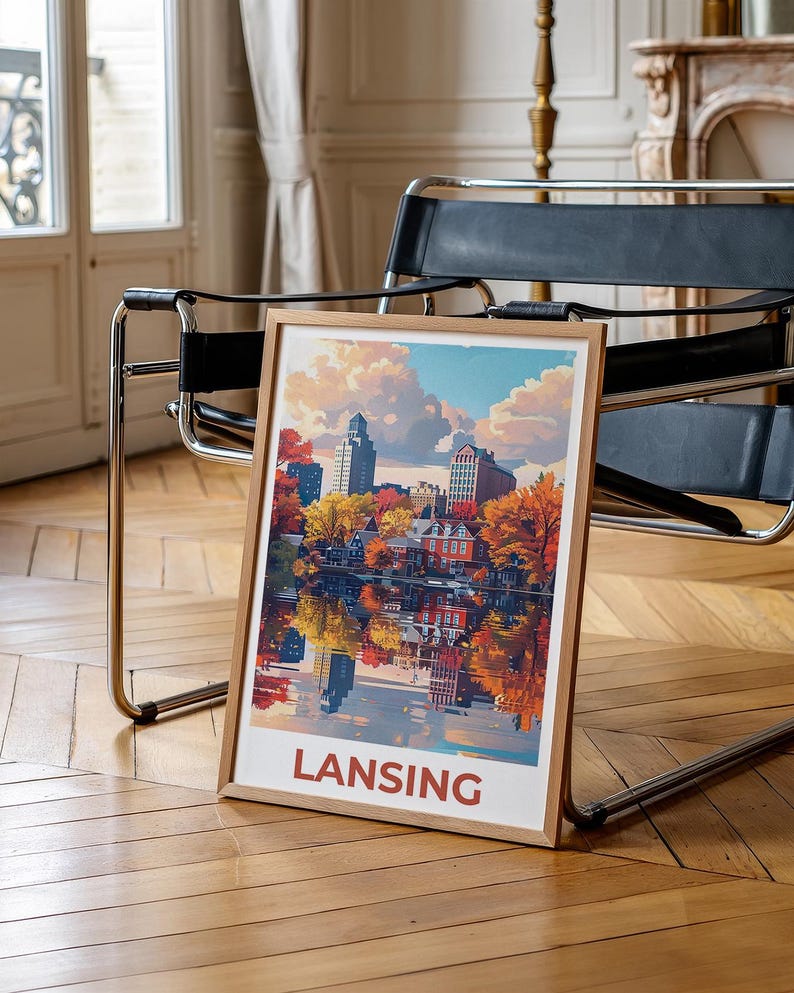 Lansing Travel Poster, Michigan Print, Riverfront Wall Art, Michigan Illustration, Lansing City Poster, Home Decor, Birthday Gift