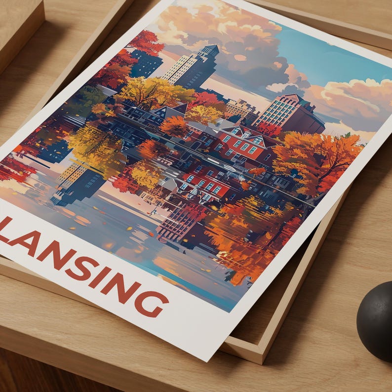Lansing Travel Poster, Michigan Print, Riverfront Wall Art, Michigan Illustration, Lansing City Poster, Home Decor, Birthday Gift