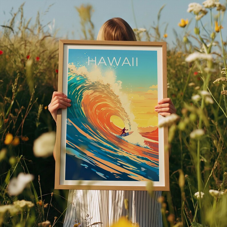 Hawaii Travel Print, Surfing Poster, Aloha Wall Art, Tropical Island Illustration, Hawaii Poster, Home Decor, Birthday Gift