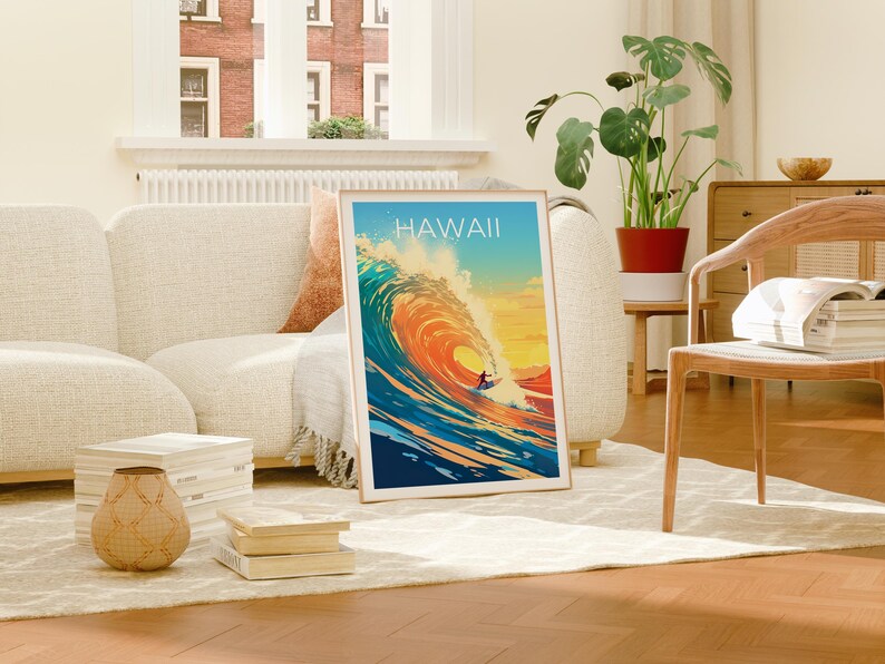 Hawaii Travel Print, Surfing Poster, Aloha Wall Art, Tropical Island Illustration, Hawaii Poster, Home Decor, Birthday Gift