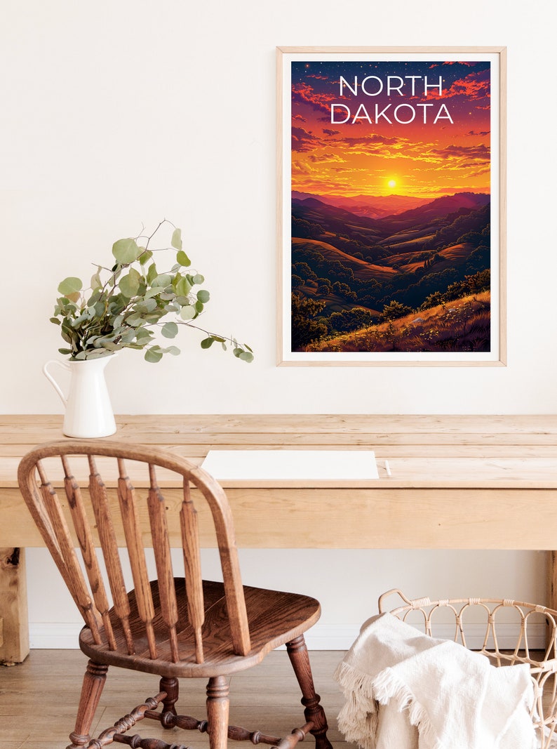 Affiche du Dakota du Nord, Impression du Dakota du Nord, Affiche des collines vallonnées, Impression des prairies, Affiche de voyage du Dakota du Nord, Art des collines, Cadeau du Dakota du Nord