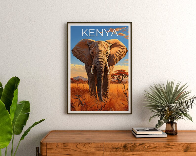 Kenya Poster, Kenya Print, Elephant Poster, Elephant Print, Africa Travel Poster, Safari Poster, Kenya Art