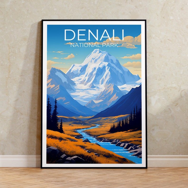 Affiche de voyage Denali, art mural de l'Alaska, impression de l'Alaska, affiche Denali, affiche de montagne, affiche de la nature, art Denali