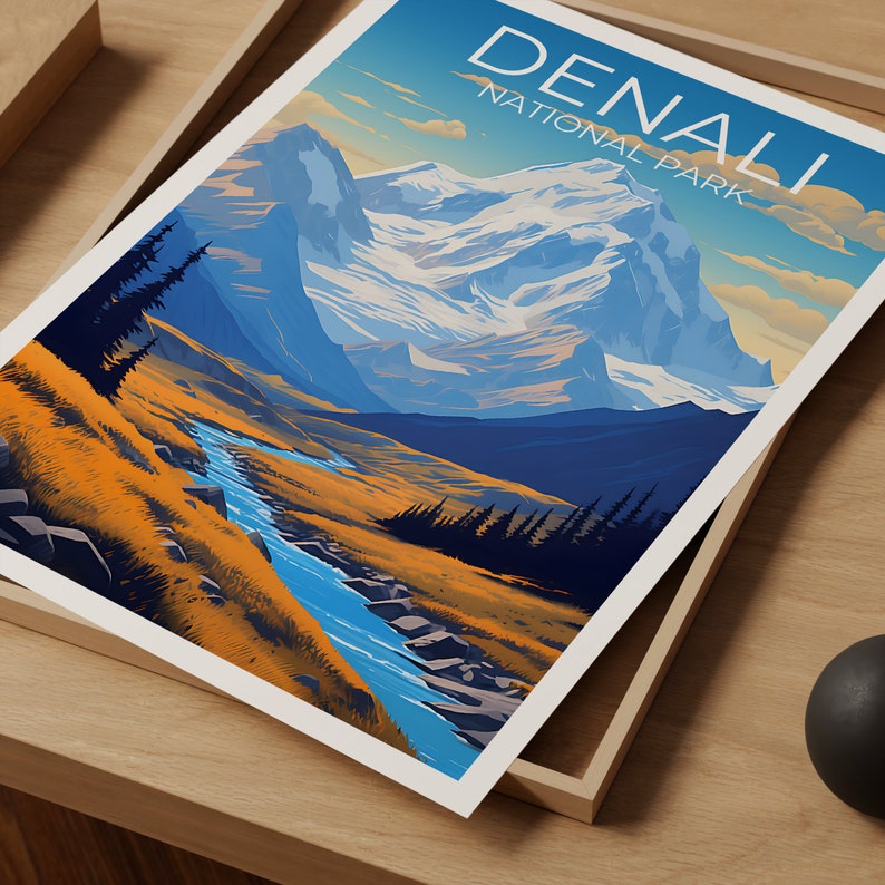 Affiche de voyage Denali, art mural de l'Alaska, impression de l'Alaska, affiche Denali, affiche de montagne, affiche de la nature, art Denali
