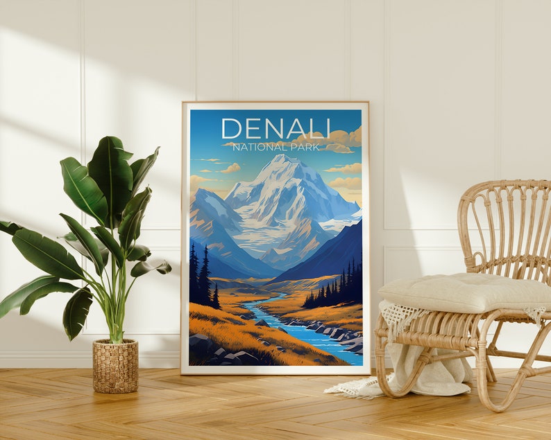 Affiche de voyage Denali, art mural de l'Alaska, impression de l'Alaska, affiche Denali, affiche de montagne, affiche de la nature, art Denali