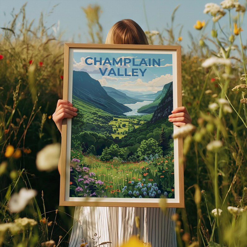 Champlain Valley Travel Poster, New York Print, Vermont Poster, Mountain Illustration, Forest Poster, Home Decor, Birthday Gift