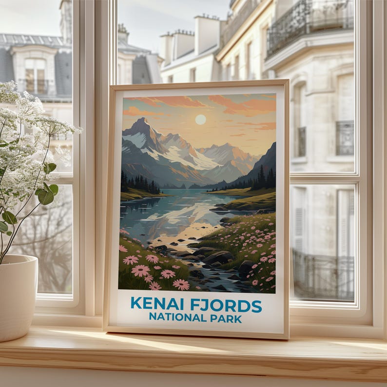 Kenai Fjords Travel Print Alaska Poster Wilderness Wall Art Mountain Illustration Kenai Fjords Poster Home Decor Birthday Gift